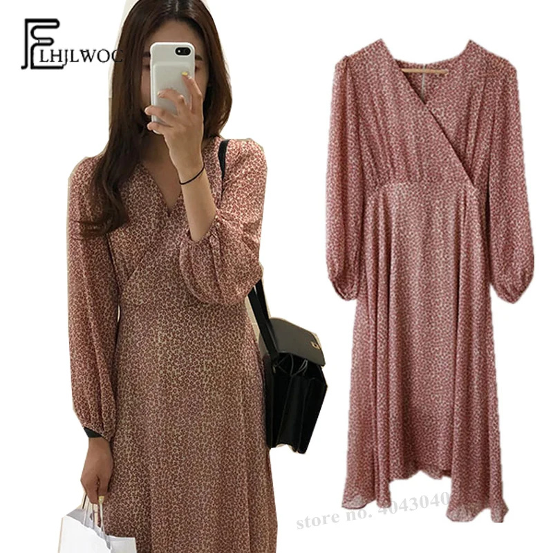 

A Line Dresses Women Korean Style Design Long Sleeve Temperament Lady Floral Printed Vintage Chiffon V Neck Long Dress 876