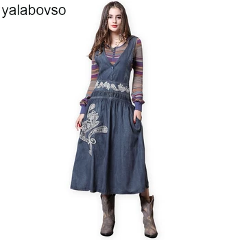 

New Arrivals 2018 Autumn Half Sleeve Retro Blue Denim Emboridery Long Dress Elegant Vintage Tank Dresses for woman A50-z20