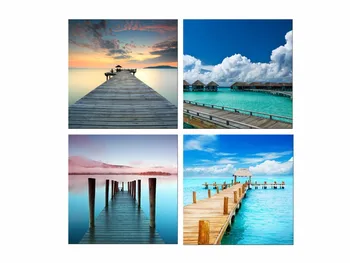 

Home Decor Canvas Picture HD Prints Living Room Wall Art Poster 4 Piece Quiet Evening Coast Pier Sunset Bridge Painting