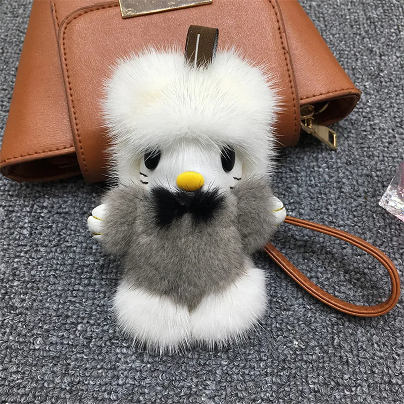 

Cartoon anime hello kitty pink cat pom pom mink real leather ring key ring Key holder Chain Girls Women Charming pendant jewelry