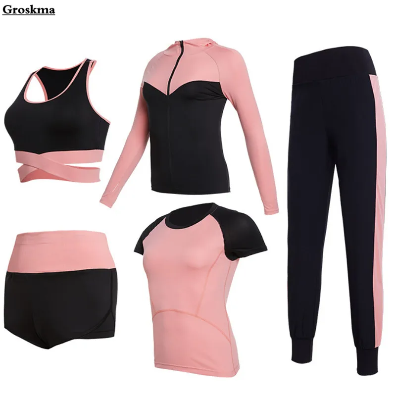 

Professional fitness gym women 5 piece set quick dry coats+t shirt+bra+shorts+pants yoga suit outdoor sportswear clothing