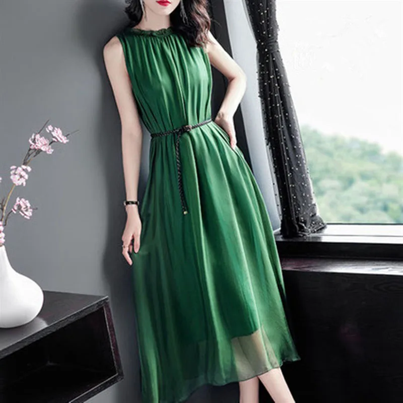 

Simulation Silk Dress 2019 New Summer Temperament Silk Waist Sleeveless Vest Green Dress Female Abito Lungo Cerimonia Donna