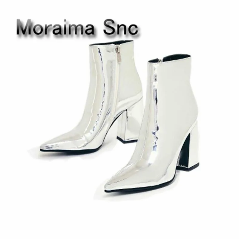 

Moraima Snc 2018 Spring Newest Pointed Toe Ankle Boots for Woman Riding Boots Silver Metallic Leather High Heel Boots Hot Sales