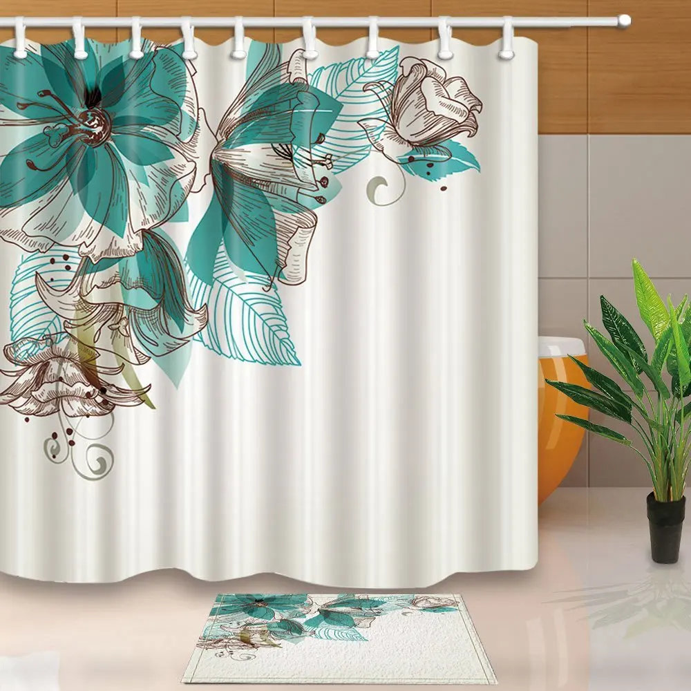 

Turquoise Decor Flowers Buds Leaf at the Top Left Corner Waterproof Polyester Fabric Shower Curtain Set Floor Mat Bath Rug