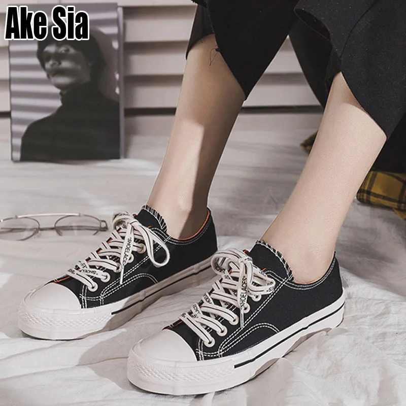 

Ake Sia New Women Preppy Style Spring Autumn Canvas Breath Lacing youth Casual Low Flat Zapatillas Plimsolls Flattie Shoes A058