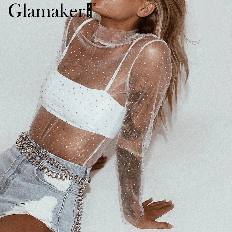 

Glamaker Sexy mesh loose blouse shirt Women long sleeve transparent turtleneck blouse Summer casual party elegant black top tees