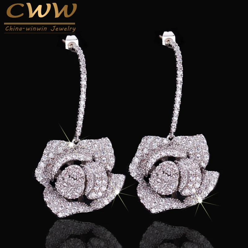 CWWZircons, модные брендовые женские ювелирные изделия, кубический цирконий, большие серьги-гвоздики в виде цветка с 925 пробы, Серебряная булавка CZ246