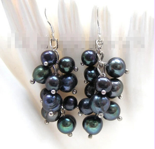 

FREE SHIPPING>>> Free shipping WONDERFUL grape round black natural freshwater pearls earrings b0624 new