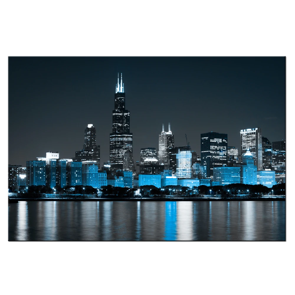 Large Canvas Painting Chicago Skyline At Night Picture Wall Art Modern