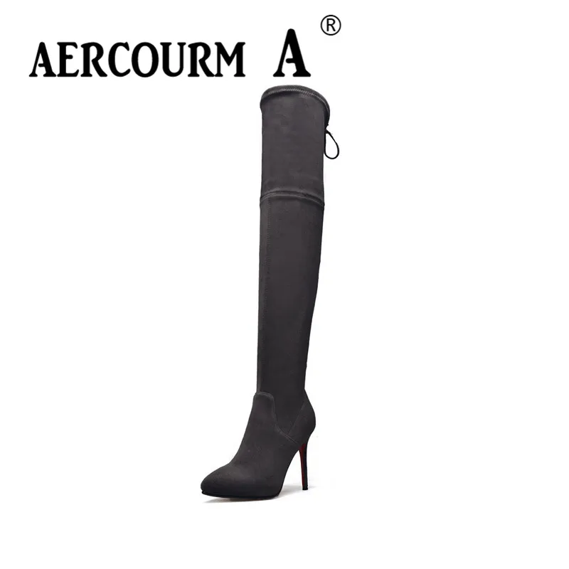 

Aercourm A Women Autumn Over Knee Boots Lady Lacing Stretch Fabric Boots Women Party Flock Solid Pointed Toe Super High Heels