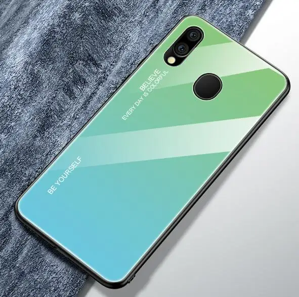blue with green Чехол из закаленного стекла для телефона samsung Galaxy A30 A50 M20 M10 S10 Plus S10e Мягкий силиконовый чехол с градиентом Авроры - Цвет: blue with green