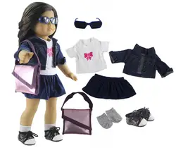 Хит 7 в 1 комплект одежды для куклы + очки + обувь + носки + сумка для 18 "американская кукла