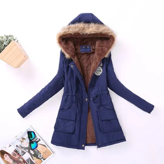 Зимняя женская повседневная куртка с капюшоном, Вельветовая Толстая теплая куртка с меховым воротником и хлопковой подкладкой/женские парки, шерстяная стеганая куртка - Цвет: Navy Blue