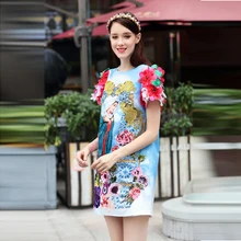 Лучшее качество новейшее летнее платье с О-образным вырезом и аппликацией с коротким рукавом модное платье с вышивкой бисером выше колена ТРАПЕЦИЕВИДНОЕ женское платье