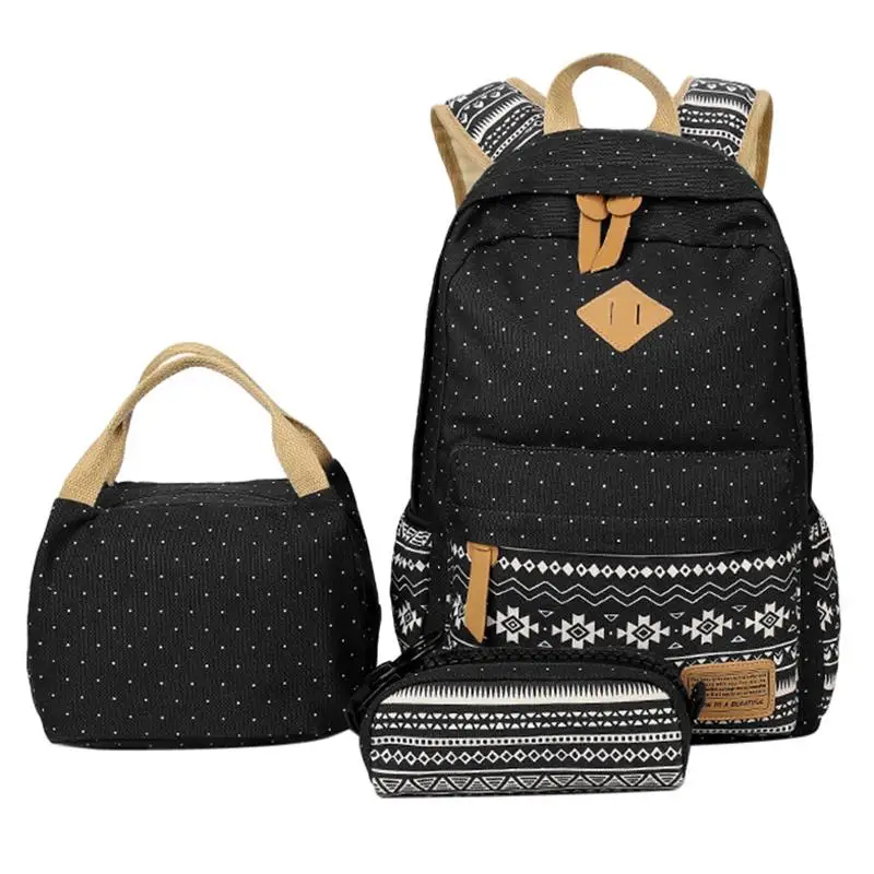 Preppy Stylish Canvas Printing Backpack Women School Bags for Teenage Girls Cute Black Set Travel Backpacks Female Bagpack | Багаж и сумки