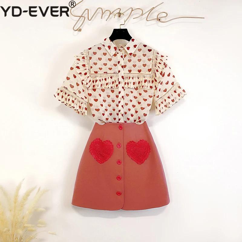 

Summer Women Cute Ruffles Love Pattern Print Chiffon Shirt Blouse + Button A-Line Mini Skirt Set Heart 2PCS Clothing Set