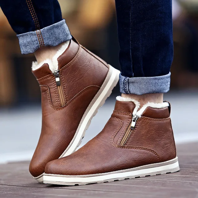 New Men Winter Fashion Ankle PU Flat Boots Round Toe Zippers Sewing ...