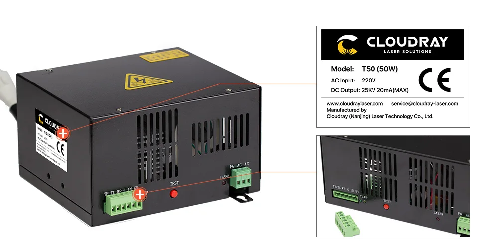 Cloudray 50 Вт СО2 лазерный источник питания для СО2 лазерной гравировки резки HY-T50 T/W серии