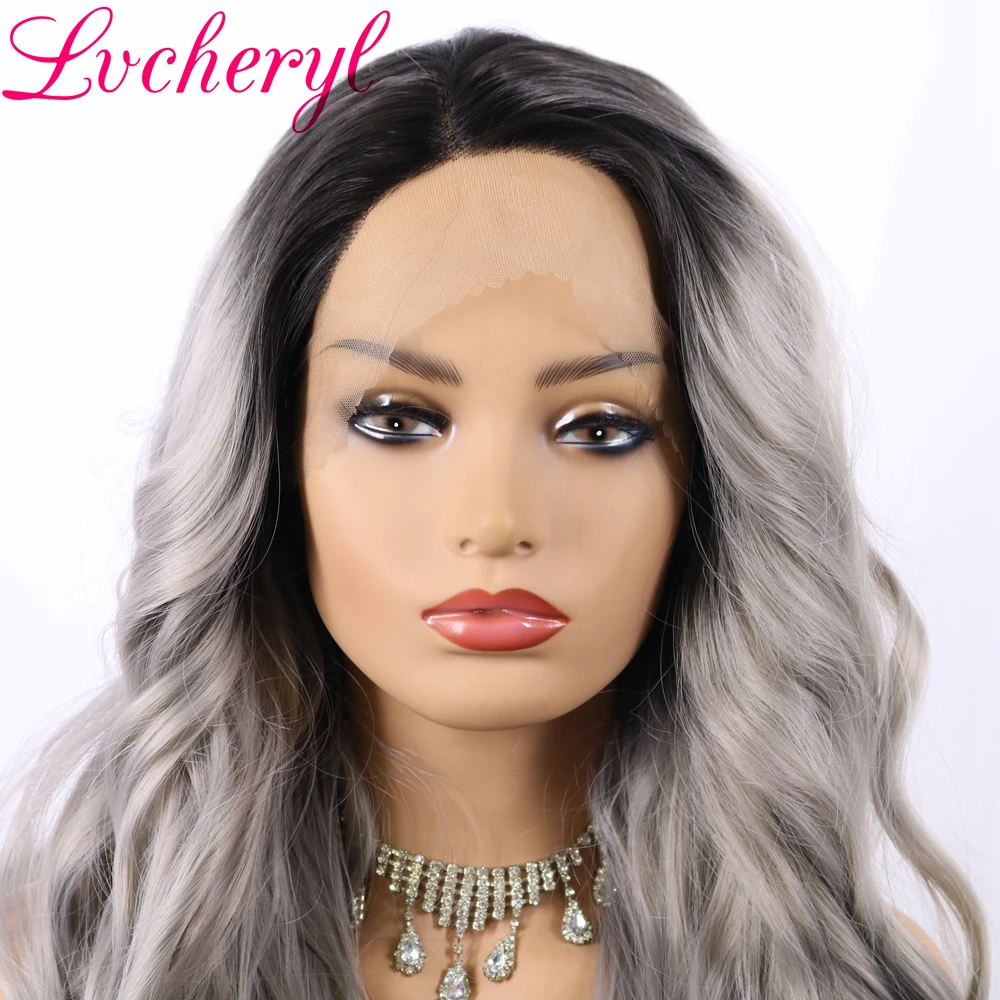 Lvcheryl Ombre Grey Hair Wigs Natural Wave Long Synthetic Lace Front Wigs High Temperature Fiber Hair Wigs for Women