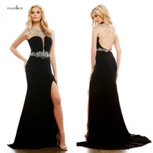 Mode Lange Abendkleider 2017 Wulstige Kristalle Schwarz Rot Sheer Neck Backless mit Kurzen Ärmeln Side Split Frauen Kleider