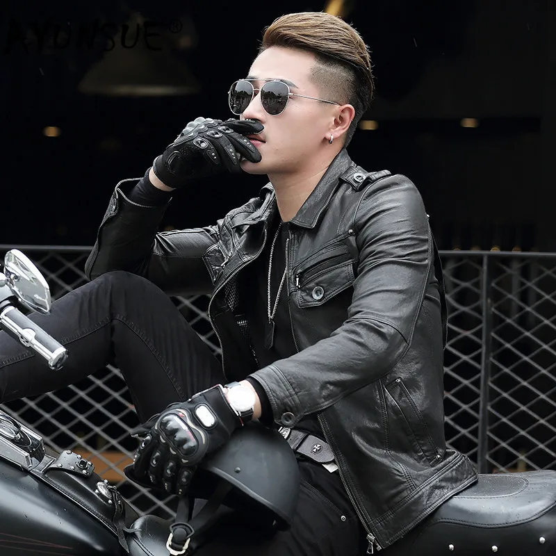 

AYUNSUE Genuine Leather Jacket Men Sheepskin Coat Motorcycle Jacket Man Short Vintage Real Leather Jackets ASDP-23-1406 YY277