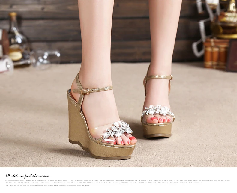 14_2016 New Gold Platform Wedges Sandals Female Summer Sandal Silver Heels Rhinestone Buckle Transparent Casual Shoes For Woman