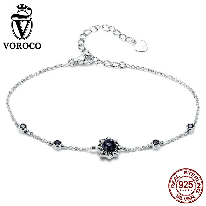 VOROCO Real 100% 925 Sterling Silver Pendant Clear CZ Vintage Sparkling Stars Jewelry Bracelet For Women Wedding Gift VSB015