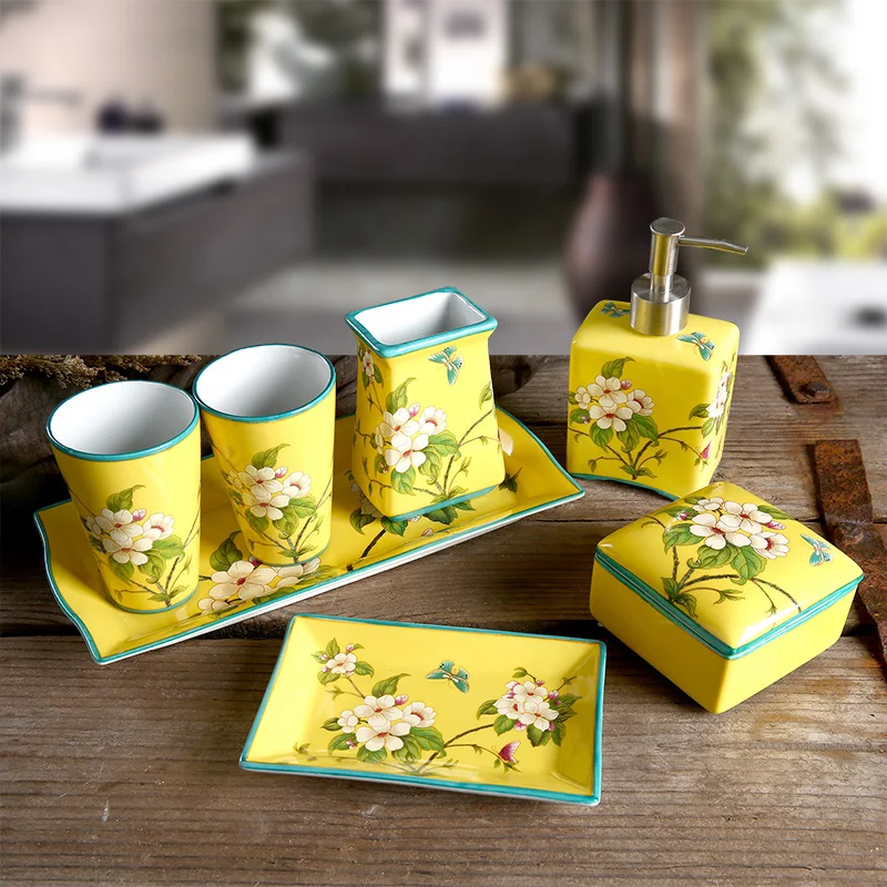 

Chinese Ceramic bathroom Suit creative hand-painted pattern hand Sanitizer bottle Soap box Toothbrush holder bathroom decoration