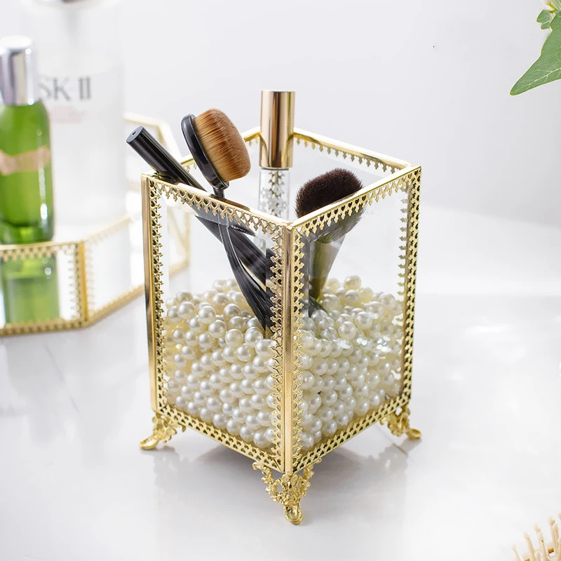 

New Retro Glass Box Makeup Brushes Holder Pen Eyebrow Pencil Holder Makeup Organizer Desktop Cosmetic Storage Box Pearls Barrel