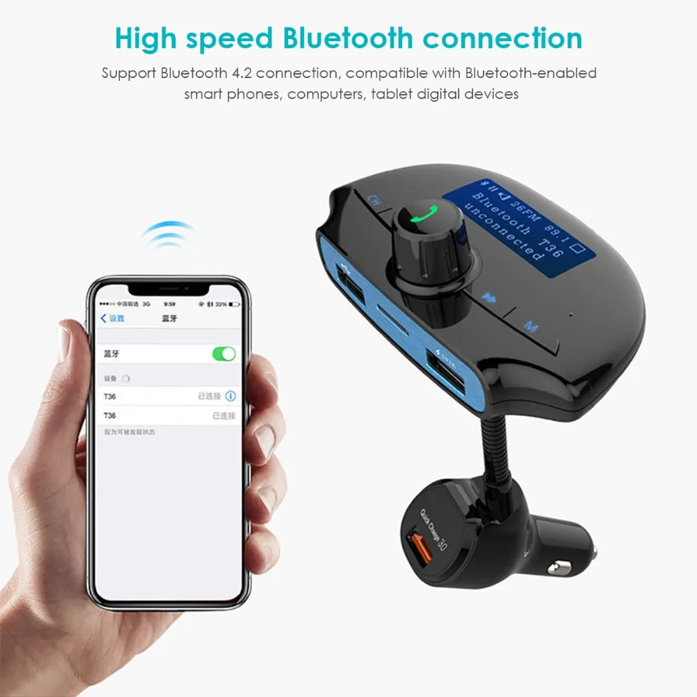 Автомобильный MP3-плеер QC 3,0 беспроводное быстрое автомобильное зарядное устройство fm-передатчик громкой связи TF карта Bluetooth 4,2 с светодиодный дисплеем