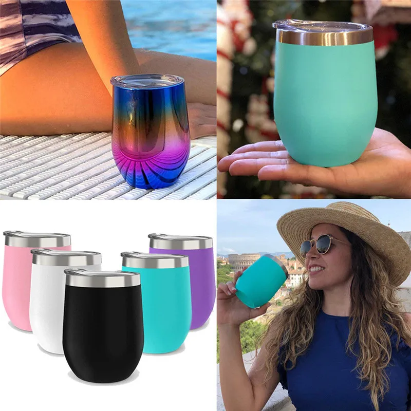

Stainless Steel Stemless Wine Cocotail Glasses 12oz Wine Drink Double-wall Vacuum Insulated Metal Tumbler Beer Cups With Lid