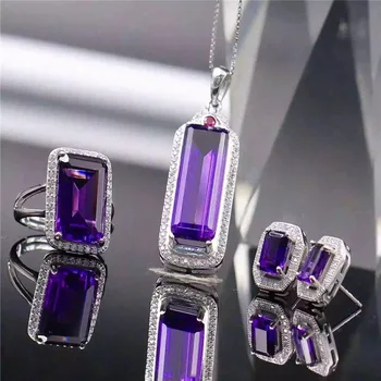 

Amethyst jewelry set 925 silver inlaid natural Uruguay purple crystal items set female