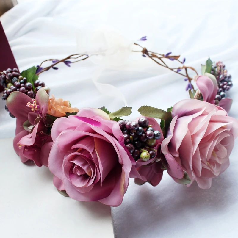 

GNHYLL Handmade rose Flower crown Garland Halo for Wedding Travel Festivals Girl flower wreath Headpiece Decorations