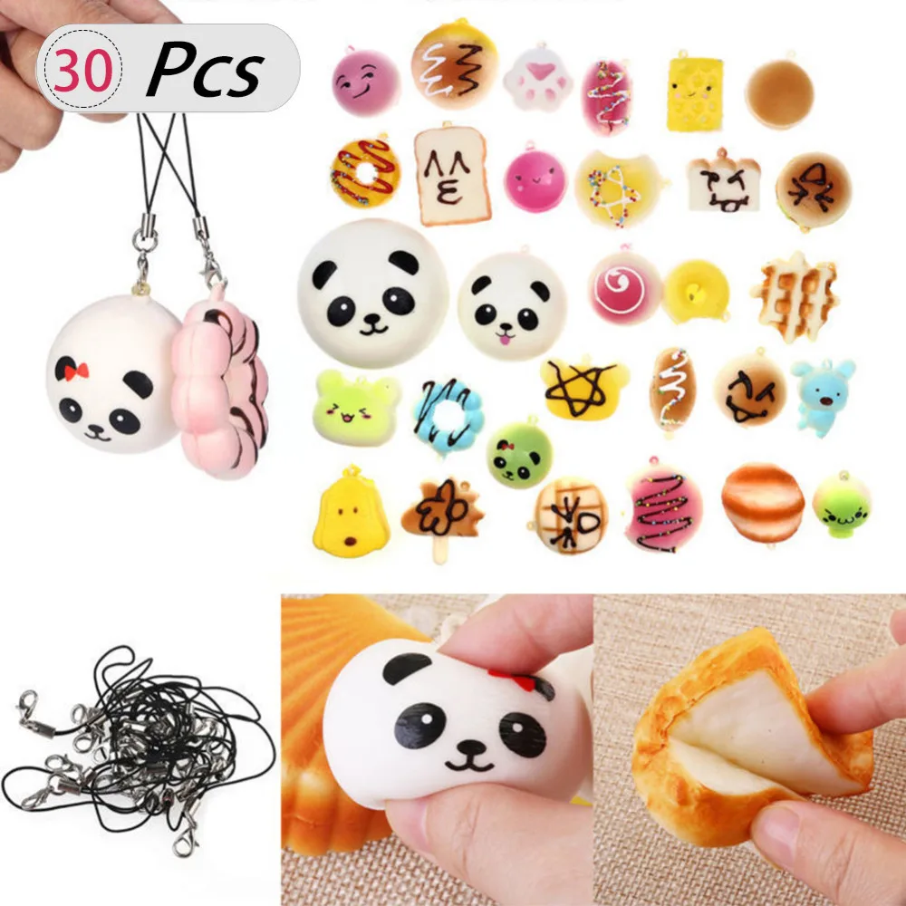 

30 PCS Squishy Squeeze Slow Rising Simulation Cake Bread Donut Random Phone Pendant Fun Relieve Stress Relief Healing Toy Set