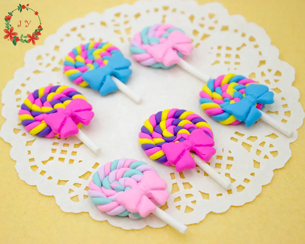 

set of 20pcs Rainbow Polymer Clay Lollipop Candy Cabochon w/ Bow FlatBack Kawaii Cabochon Cell Phone Deco Colorful Scrapbook