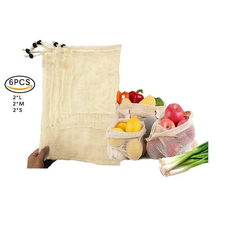 

6Pcs/lot Reusable Storage Mesh Bags Home Kitchen Cotton Portable Vegetable Bag Shopping Outdoor Picnic Bag Large Medium Small