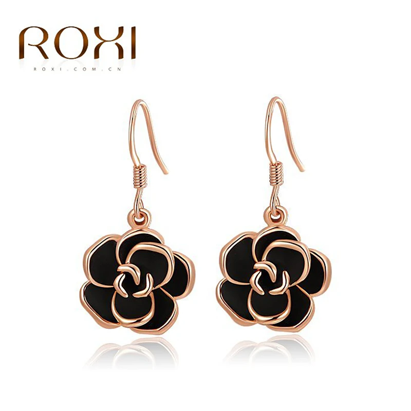 

ROXI Brand Earrings For Women Fashion Jewelry Rose Gold Color Black Drop the Oil Earrings Body Jewelry Flower Pendant oorbellen