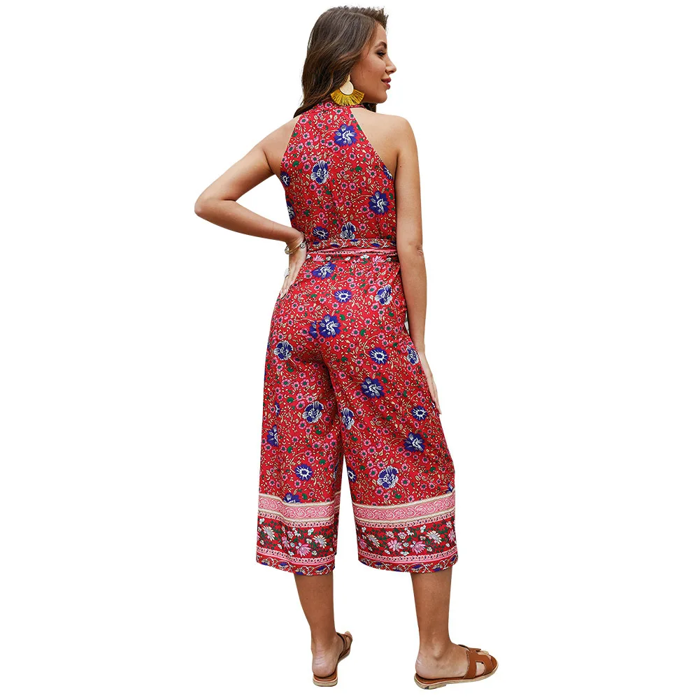Elegant Sexy Jumpsuits Women Sleeveless Polka flower print Loose Trousers Wide Leg Pants Rompers Holiday Backless Overalls