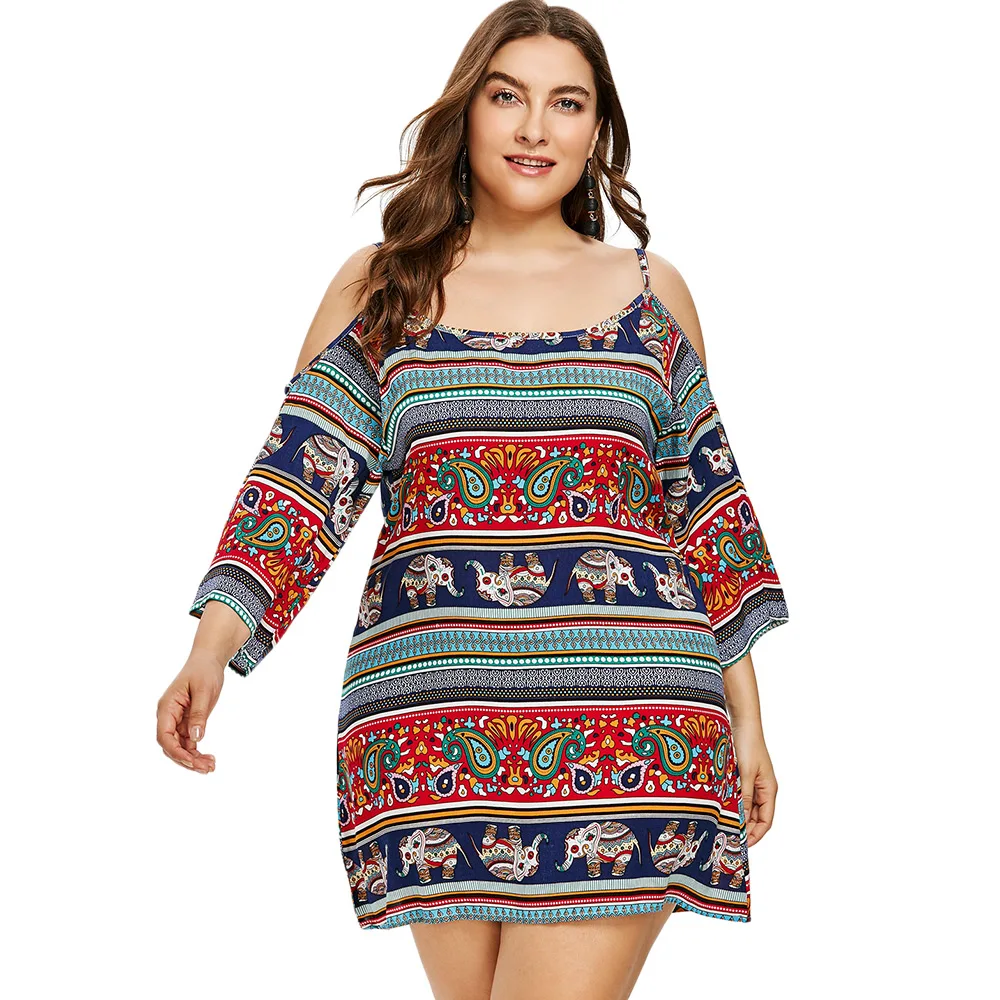 

ROSE GAL Plus Size 5XL Open Shoulder Ethnic Summer Mini Dress Women Spaghetti Strap Bohemia Dresses Animal Print Beach Sundress