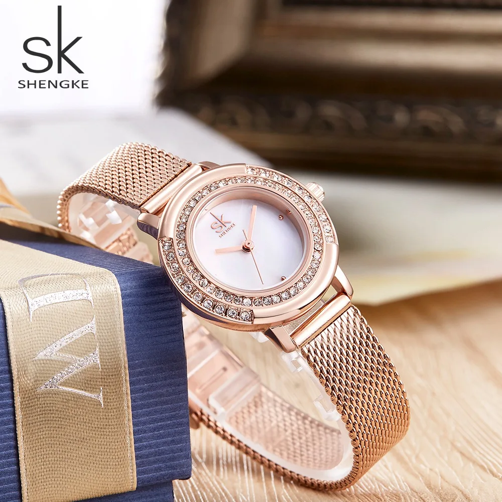 

2019 Shengke Women Crystal Dial WristWatches Luxury Rose Gold Quartz Watch Ladies Stainless steel strap Watch Girl Gifts Clock