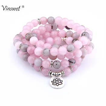 

108 Beads Mala Bracelets Necklace Natural Pink Quartzs Beads Bracelet Femme Fashion OM Pendant Yoga Healing Energy Women Jewelry