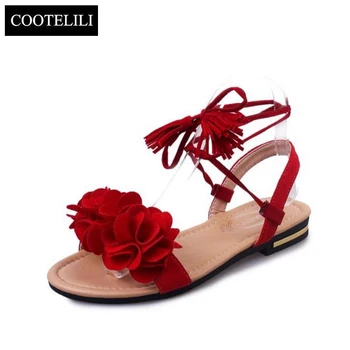 

COOTELILI 35-39 Bohemian Summer Gladiator Solid Flats Open Toe Women Shoes Casual Ladies Flower Sandals Beach Sandalia Feminine