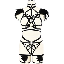 Перьевые эполеты большого кольца бюстгальтер с ремнями в готическом стиле обвязка тела комплект сексуального белья эластичная Регулировка g-стринги Свадебные Подвязки для ног Пояс