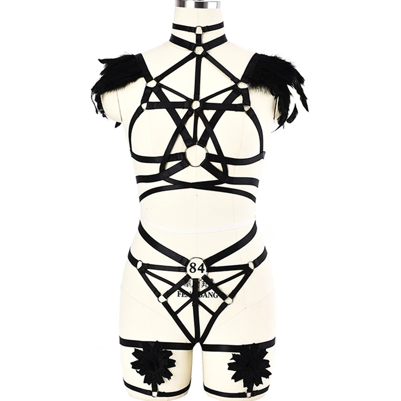 Feather Epaulettes Big Ring Harness Bra Gothic Body Harness Set Sexy Lingerie Elastic Adjust G-string Wedding Leg Garter Belt