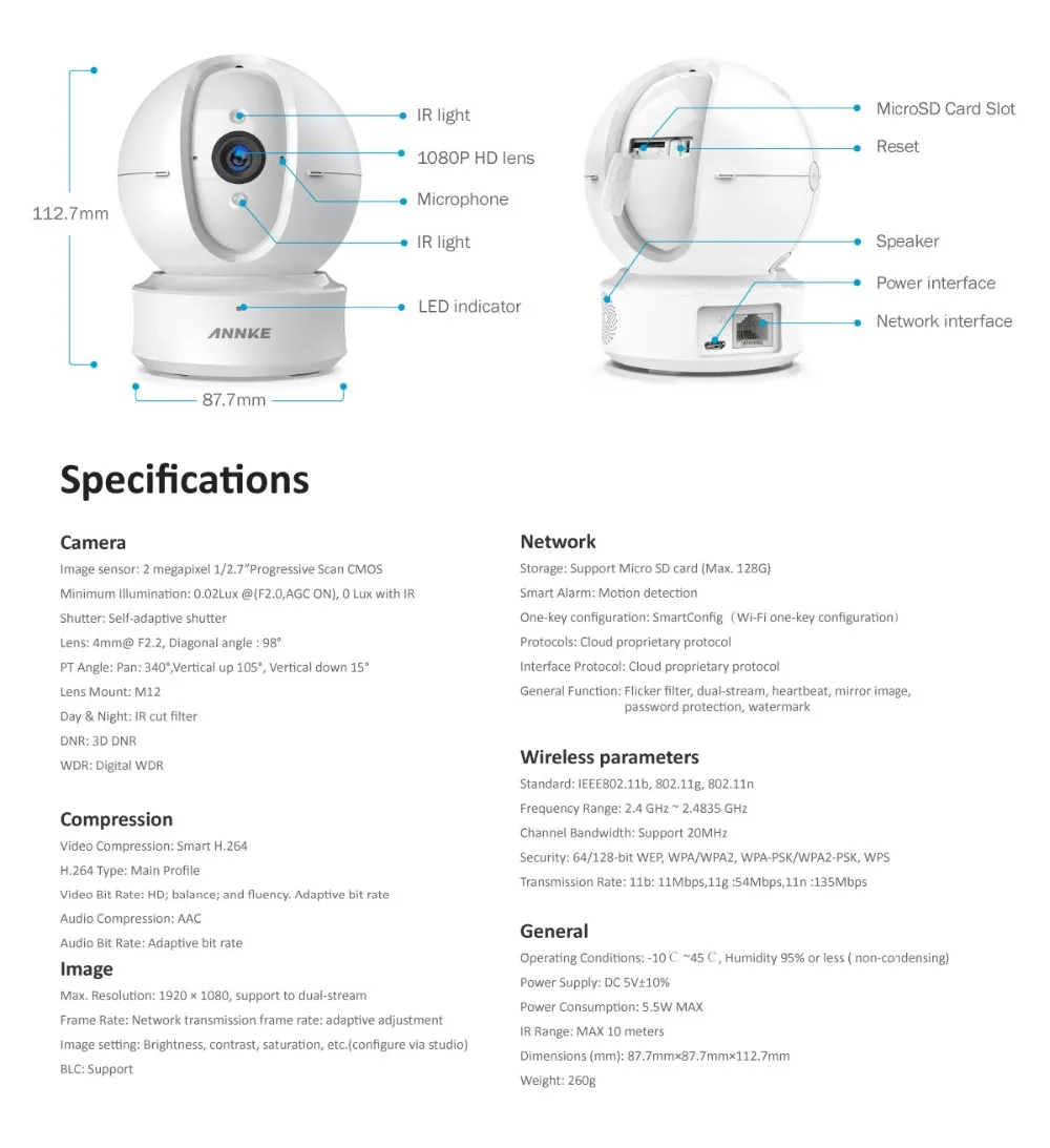 ANNKE 1080 P Домашняя безопасность IP камера PT Wi-Fi беспроводной сетевая мини-камера наблюдение ночное видение вращение камера детский монитор