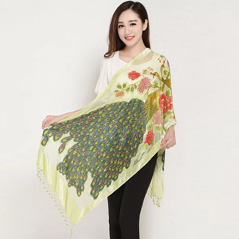

Fashion Luxury new 2018 animal scarves women peacock manual embroider bead scarves silk scarf handmade cape beaded shawl