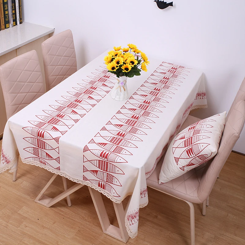 

Linen Tablecloth Geometric Pattern National Wind Classic Fish Super Thick Cotton Linen Cover Washable Table Cloth for Tea Table