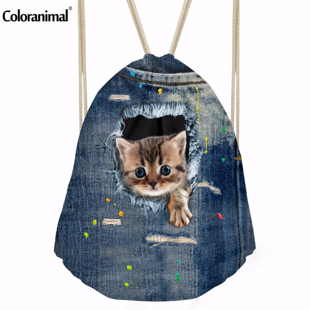 Coloranimal забавные синие джинсы кошка собака Мышь сумки с принтом со шнурком для девочек и мальчиков; модная сумка для хранения Feminin мешок Для женщин