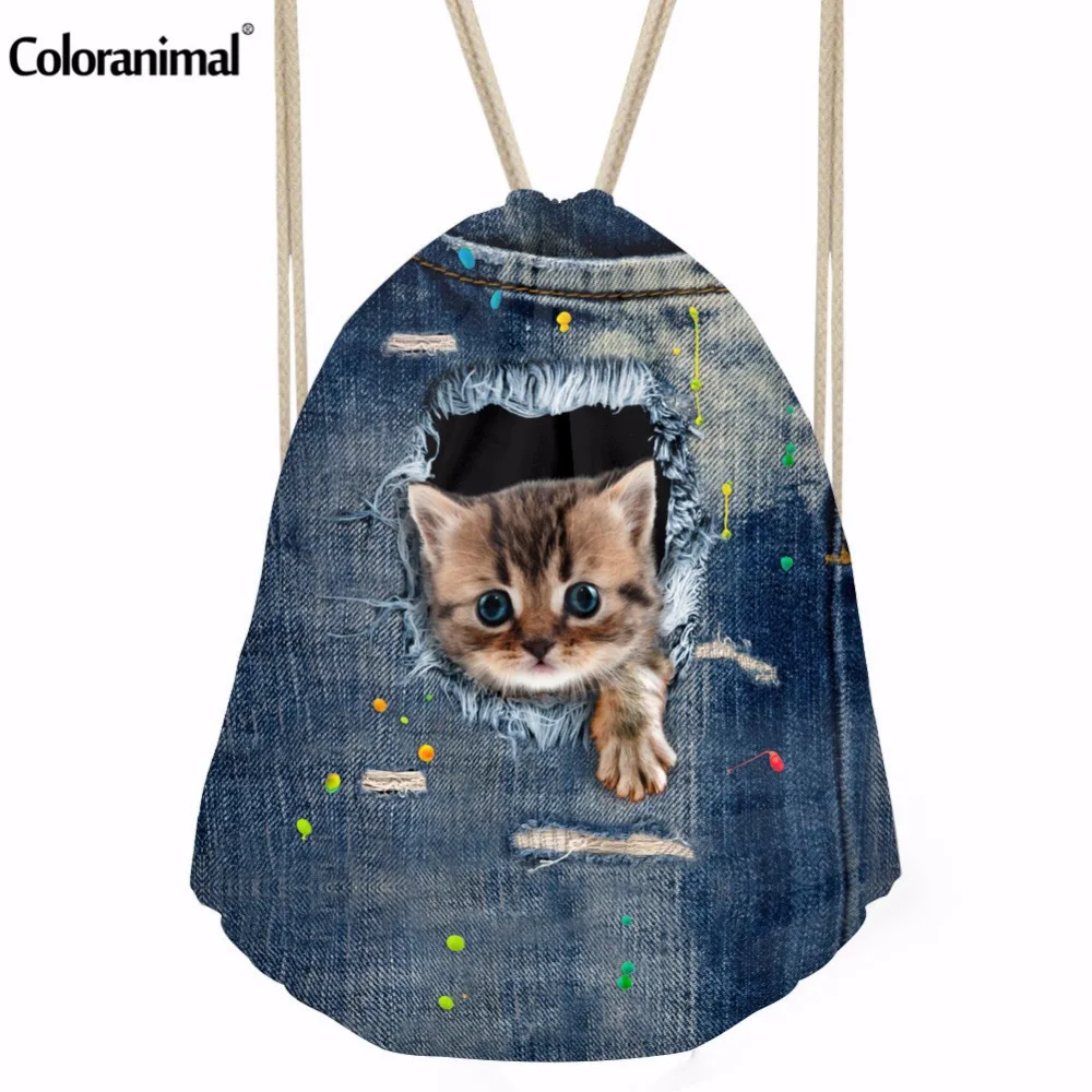 Coloranimal забавные синие джинсы кошка собака Мышь Печать Drawstring Сумки для Обувь для девочек Обувь для мальчиков Мода сумка для хранения feminin