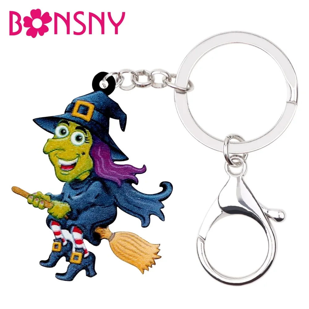 

Bonsny Acrylic Halloween Happy Flying Witch Key Chain Keychain Ring Anime Decoration Jewelry For Women Girl Bag Purse Charms Hot